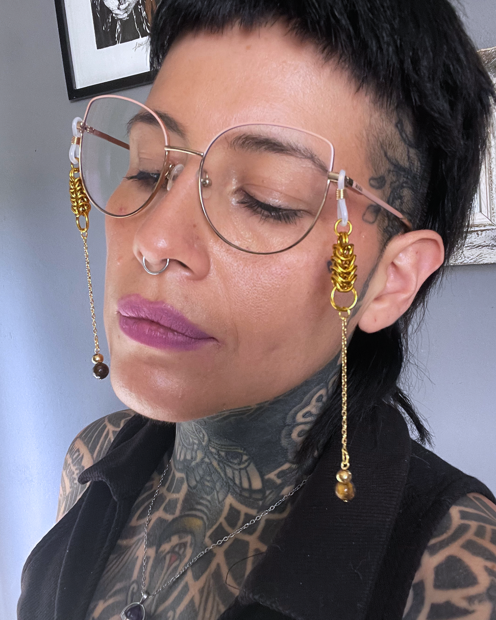 Gold Glasses Charm Tiger Eye